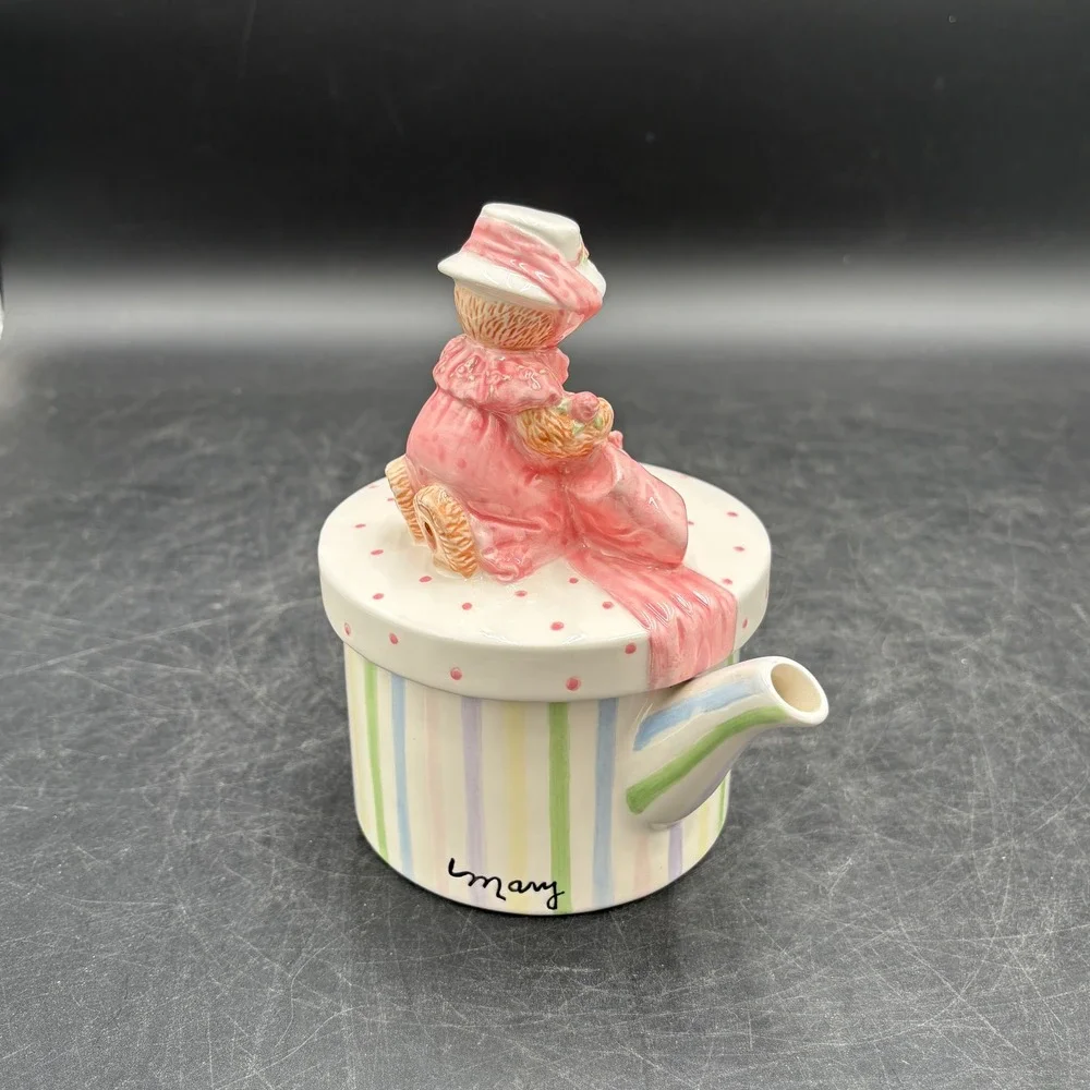 Mary's Moo Moos Enesco Teddy Bear Gift Box Decorative Teapot Pastel Stripes